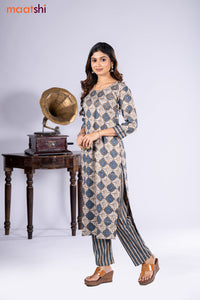 Cotton kurti beige and black shade with allover prints & embroidery miirror work neck pattern and straight cut pant