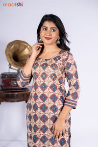 Cotton kurti maroon shade and beige with allover prints & embroidery miirror work neck pattern and straight cut pant