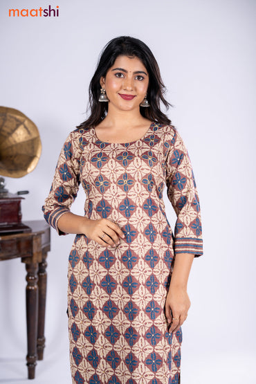 Cotton kurti maroon shade and beige with allover prints & embroidery miirror work neck pattern and straight cut pant