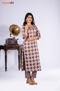 Cotton kurti maroon shade and beige with allover prints & embroidery miirror work neck pattern and straight cut pant