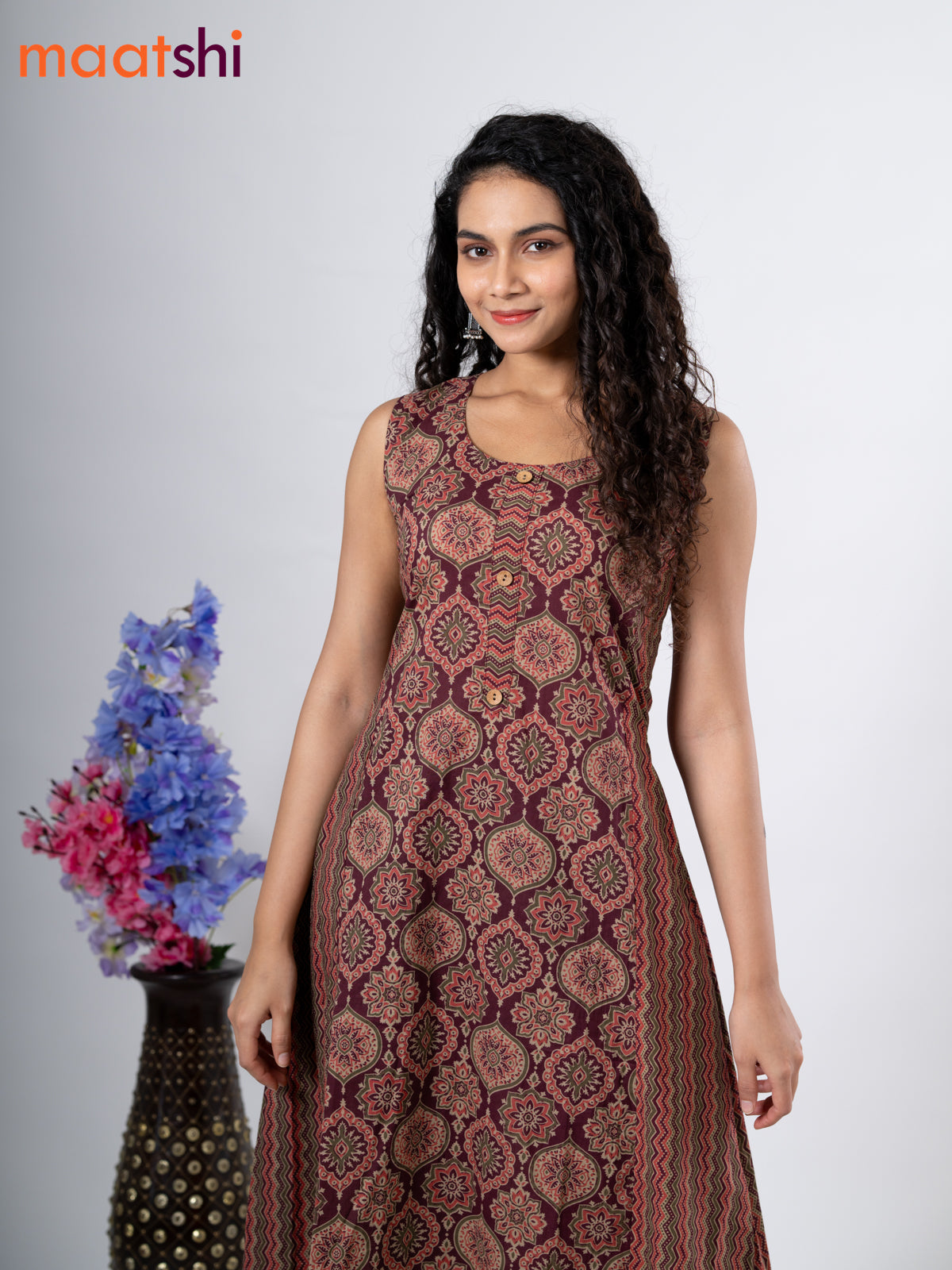 Cotton anarkali kurti maroon with allover ajrakh prints without pant - sleeve attached