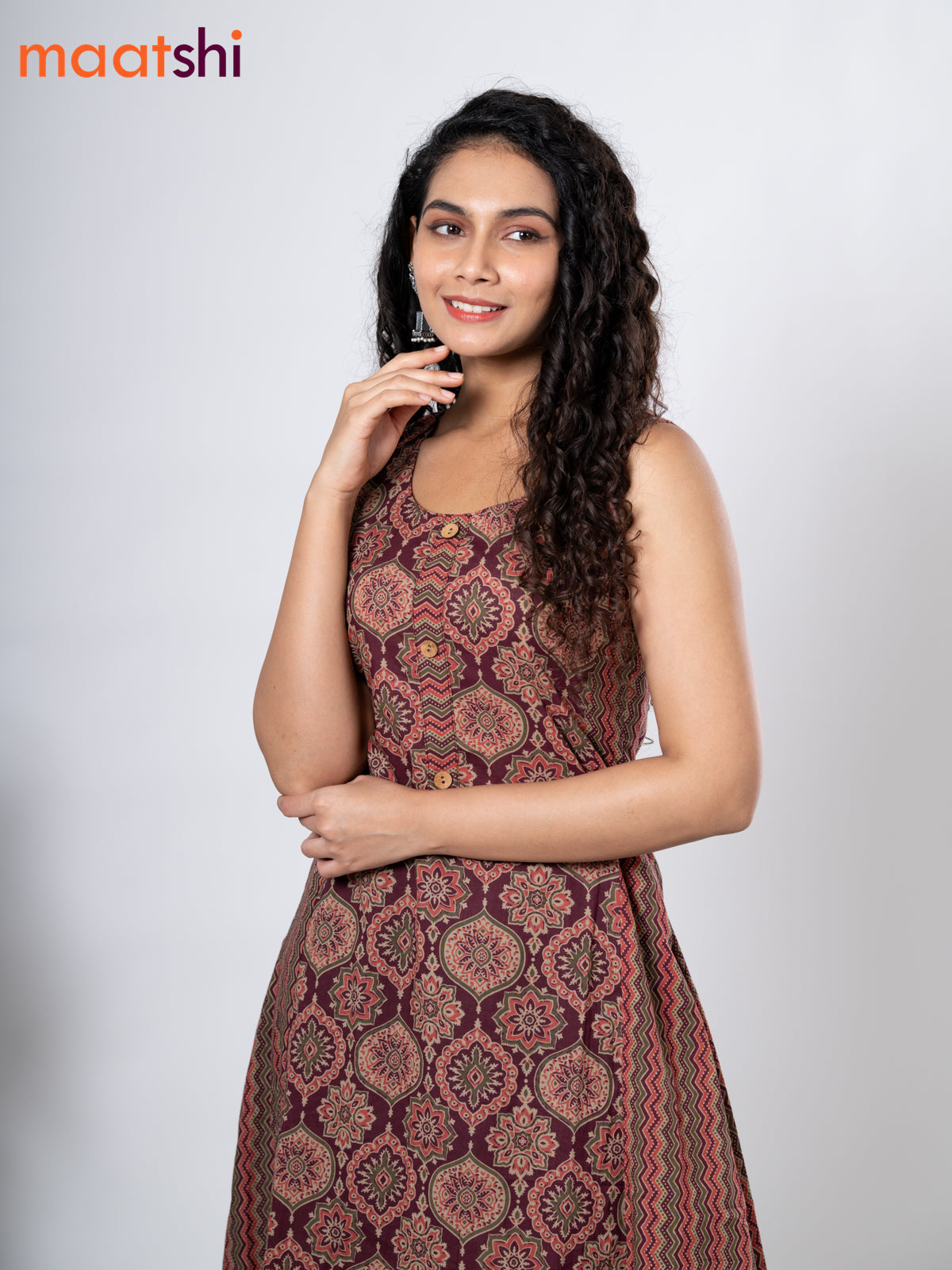 Cotton anarkali kurti maroon with allover ajrakh prints without pant - sleeve attached