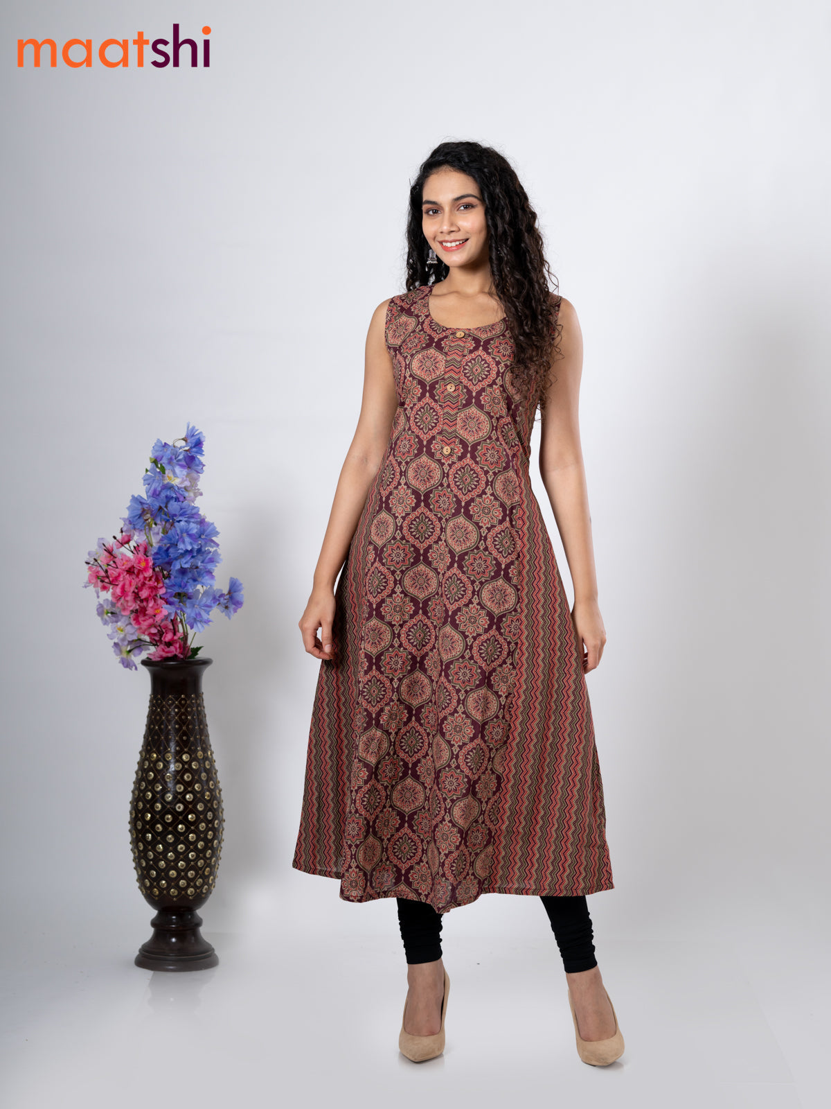 Cotton anarkali kurti maroon with allover ajrakh prints without pant - sleeve attached