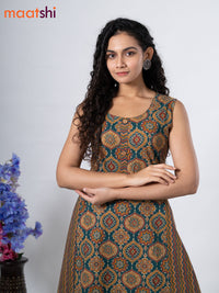 Cotton anarkali kurti green with allover ajrakh prints without pant - sleeve attached