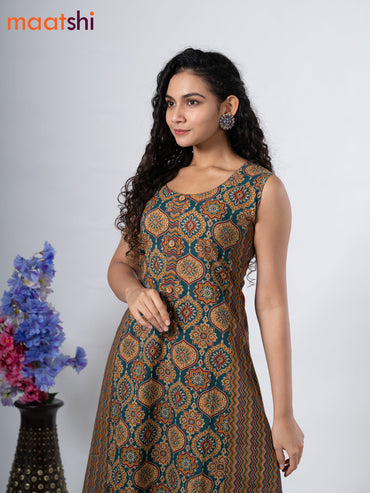 Cotton anarkali kurti green with allover ajrakh prints without pant - sleeve attached