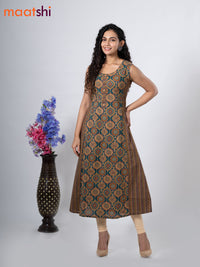 Cotton anarkali kurti green with allover ajrakh prints without pant - sleeve attached