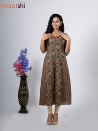 Cotton anarkali kurti green with allover ajrakh prints without pant - sleeve attached