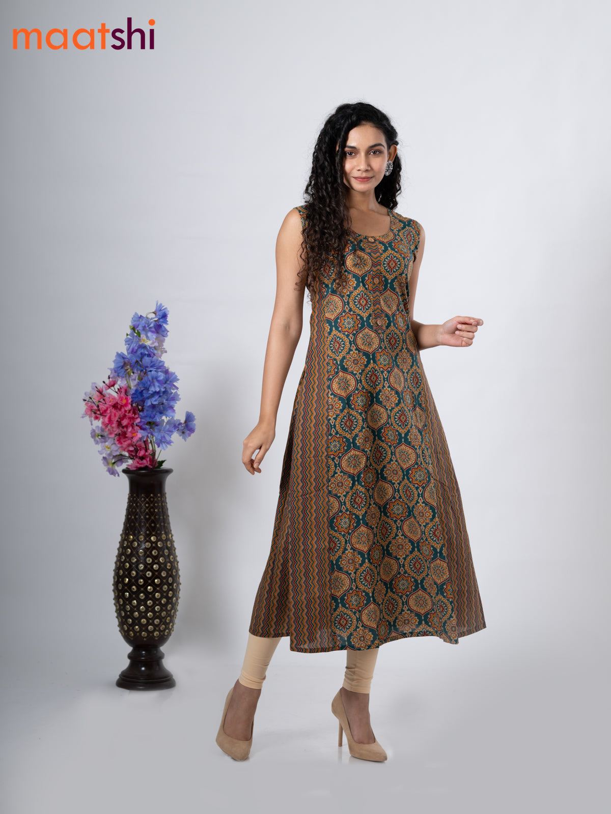 Cotton anarkali kurti green with allover ajrakh prints without pant - sleeve attached