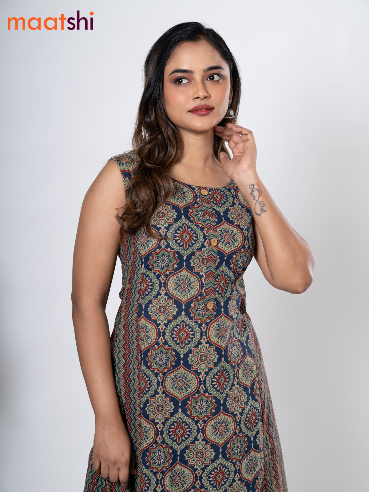 Cotton anarkali kurti blue with allover ajrakh prints without pant - sleeve attached