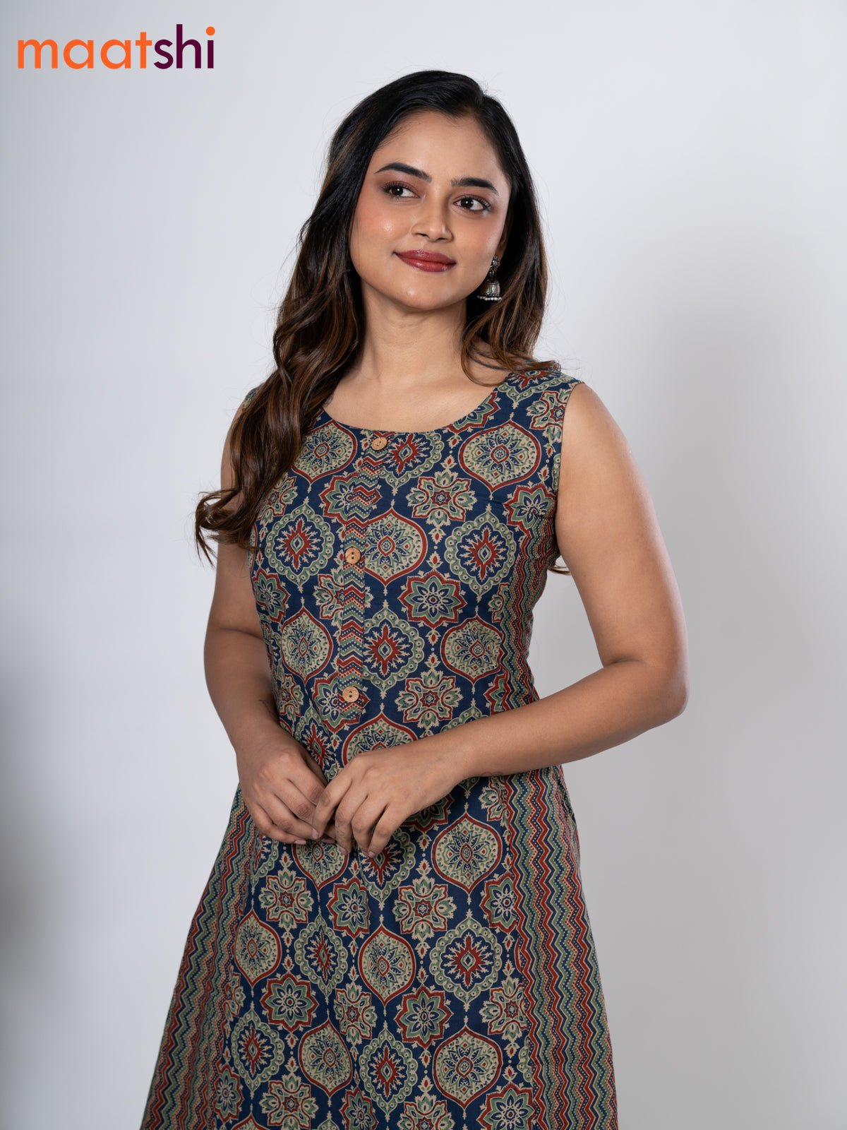 Cotton anarkali kurti blue with allover ajrakh prints without pant - sleeve attached