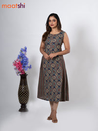 Cotton anarkali kurti blue with allover ajrakh prints without pant - sleeve attached