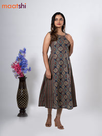 Cotton anarkali kurti blue with allover ajrakh prints without pant - sleeve attached