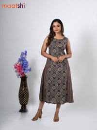 Cotton anarkali kurti blue with allover ajrakh prints without pant - sleeve attached