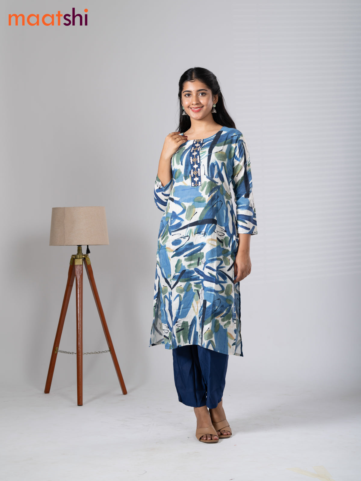 Rayon cotton readymade kurti set off white and navy blue with allover prints & embroidery mirror work neck pattern and straight cut pant