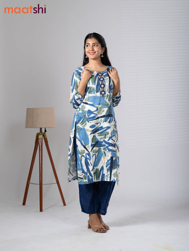 Rayon cotton readymade kurti set off white and navy blue with allover prints & embroidery mirror work neck pattern and straight cut pant