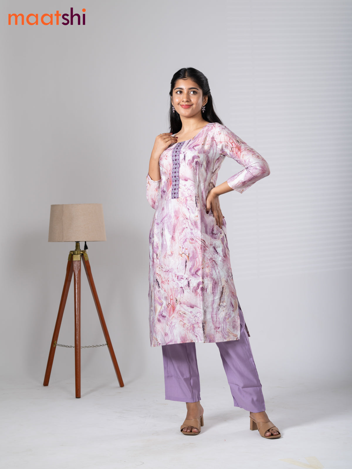 Rayon cotton readymade kurti set off white and lavender with allover prints & embroidery mirror work neck pattern and straight cut pant