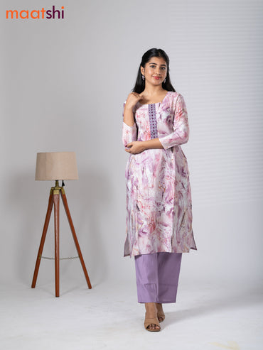 Rayon cotton readymade kurti set off white and lavender with allover prints & embroidery mirror work neck pattern and straight cut pant