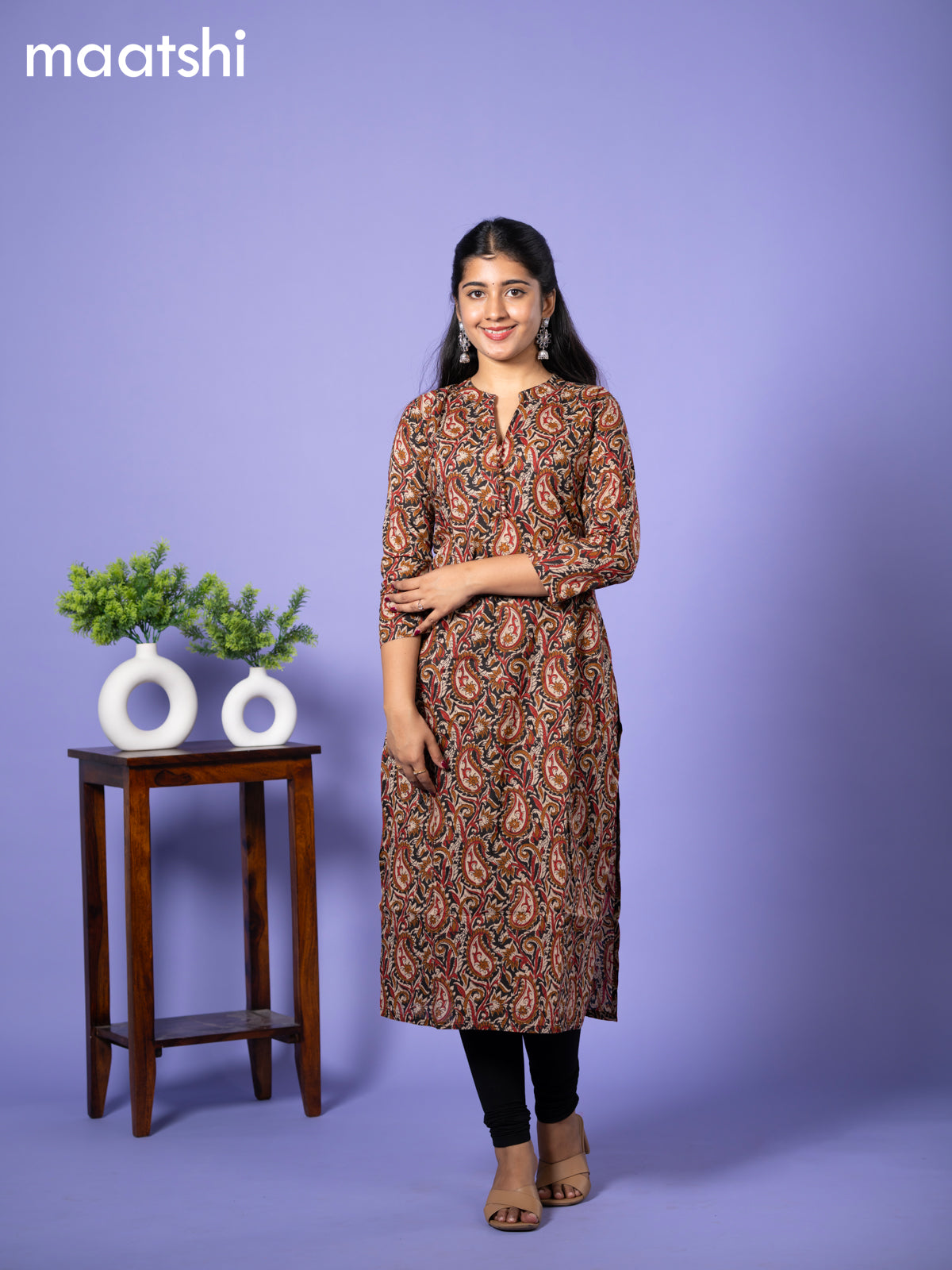 Cotton readymade kurti cream and black maroon with allover kalamkari prints & simple neck pattern without bottom