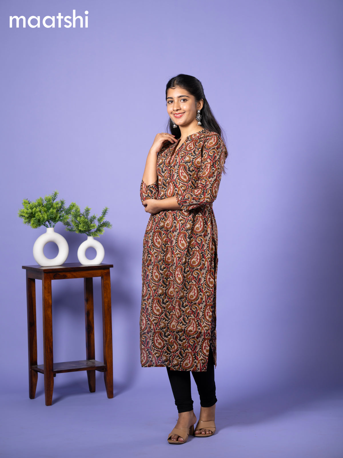 Cotton readymade kurti cream and black maroon with allover kalamkari prints & simple neck pattern without bottom