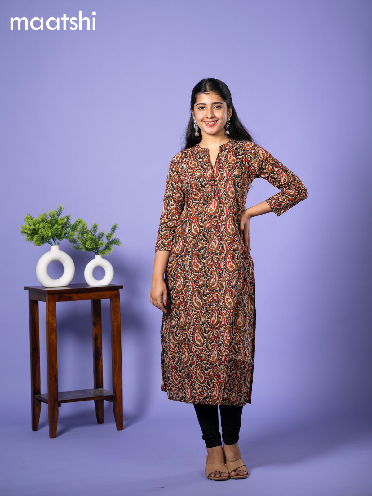 Cotton readymade kurti cream and black maroon with allover kalamkari prints & simple neck pattern without bottom