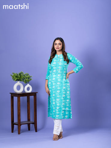 Cotton readymade kurti teal blue with allover prints & simple neck pattern without bottom