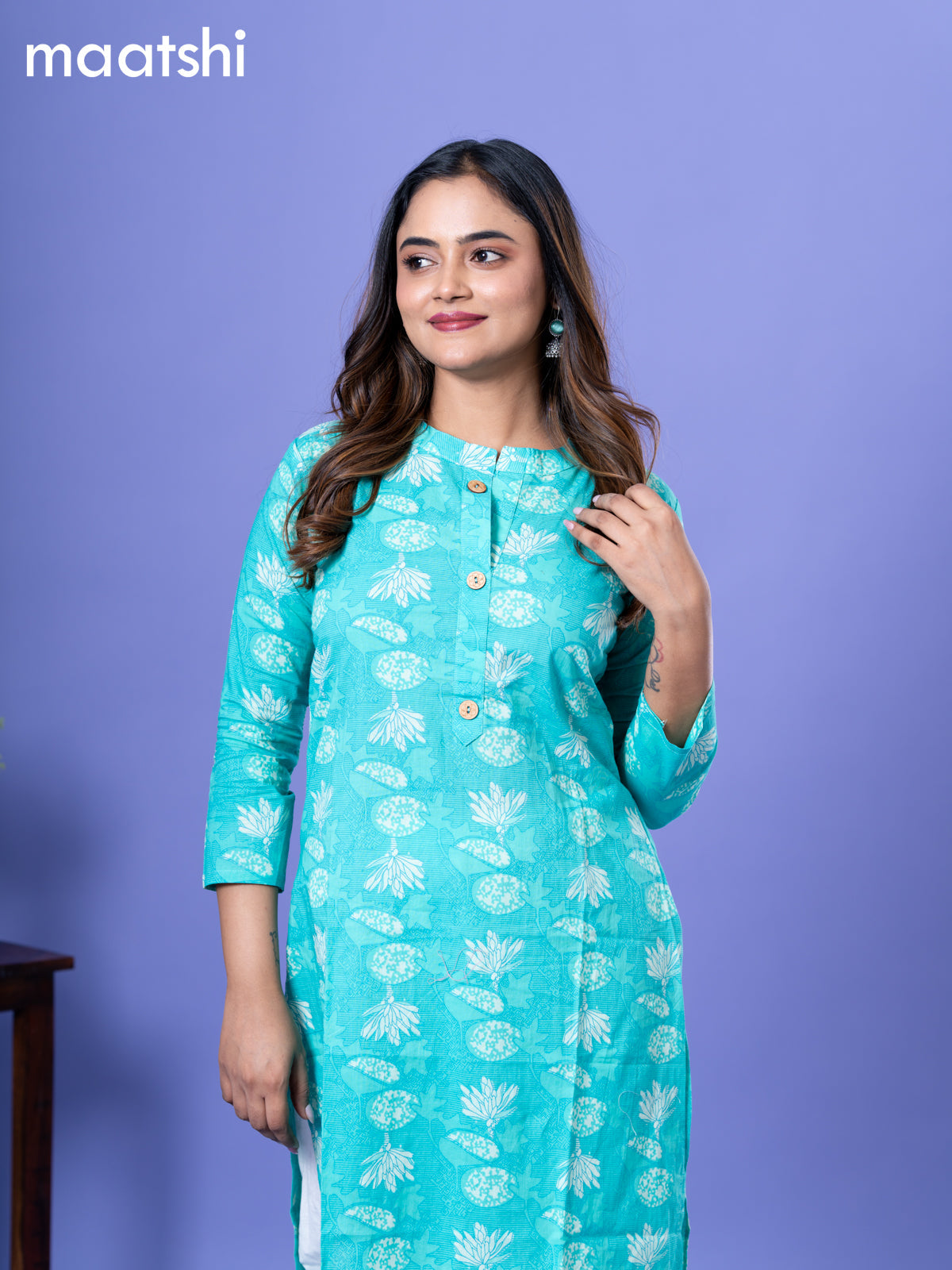 Cotton readymade kurti teal blue with allover prints & simple neck pattern without bottom