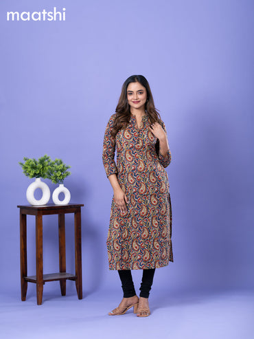 Cotton readymade kurti navy blue and cream with allover kalamkari prints & simple neck pattern without bottom