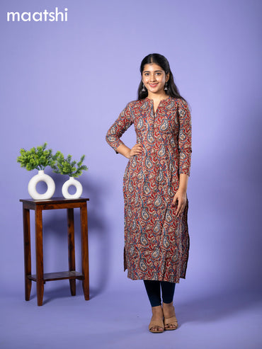 Cotton readymade kurti cream and maroon blue with allover kalamkari prints & simple neck pattern without bottom