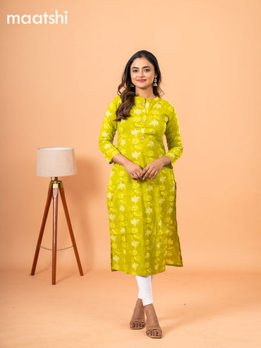 Cotton readymade kurti lime green with kalamkari prints & simple neck pattern without bottom