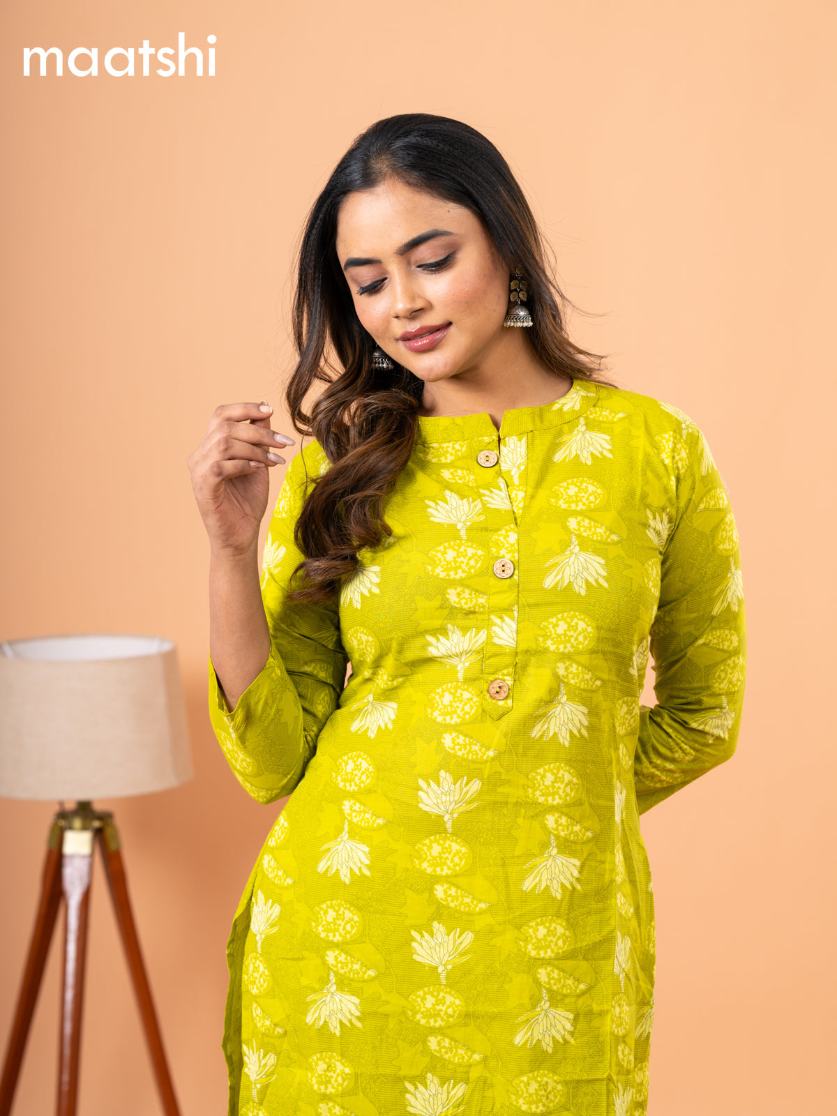 Cotton readymade kurti lime green with kalamkari prints & simple neck pattern without bottom