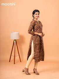 Cotton readymade kurti dark sandal and maroon with kalamkari prints & kantha stitch work neck pattern without bottom