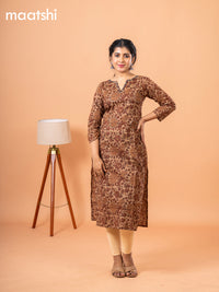 Cotton readymade kurti dark sandal and maroon with kalamkari prints & kantha stitch work neck pattern without bottom