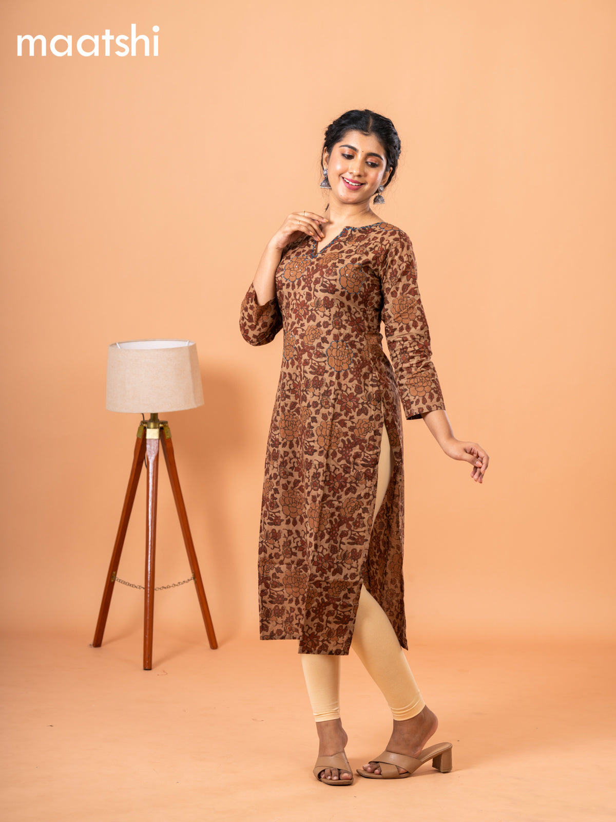 Cotton readymade kurti dark sandal and maroon with kalamkari prints & kantha stitch work neck pattern without bottom