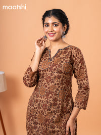 Cotton readymade kurti dark sandal and maroon with kalamkari prints & kantha stitch work neck pattern without bottom