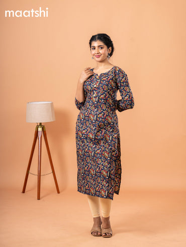 Cotton readymade kurti blue with kalamkari prints & simple neck pattern without bottom