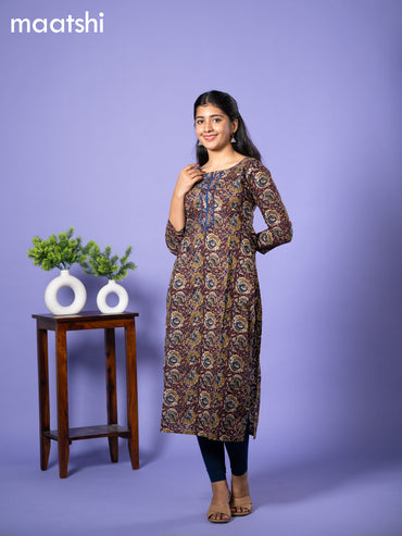 Cotton readymade kurti deep maroon and blue with allover kalamkari prints & simple neck pattern without bottom