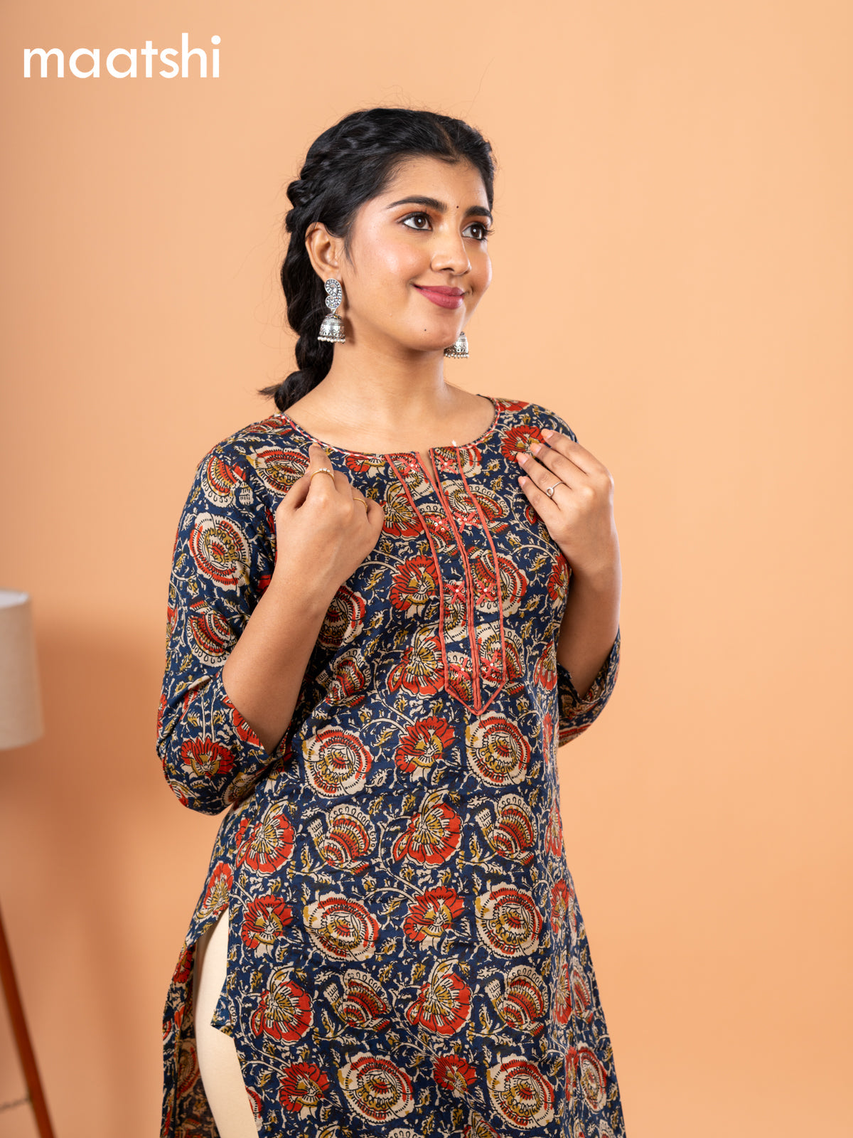 Cotton readymade kurti dark blue and maroon with kalamkari prints & embriodery sequin work neck pattern without bottom