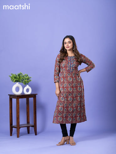 Cotton readymade kurti maroon and blue with allover kalamkari prints & simple neck pattern without bottom