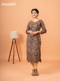 Cotton readymade kurti deep maroon and beige with kalamkari prints & kantha stitch sequin work neck pattern without bottom