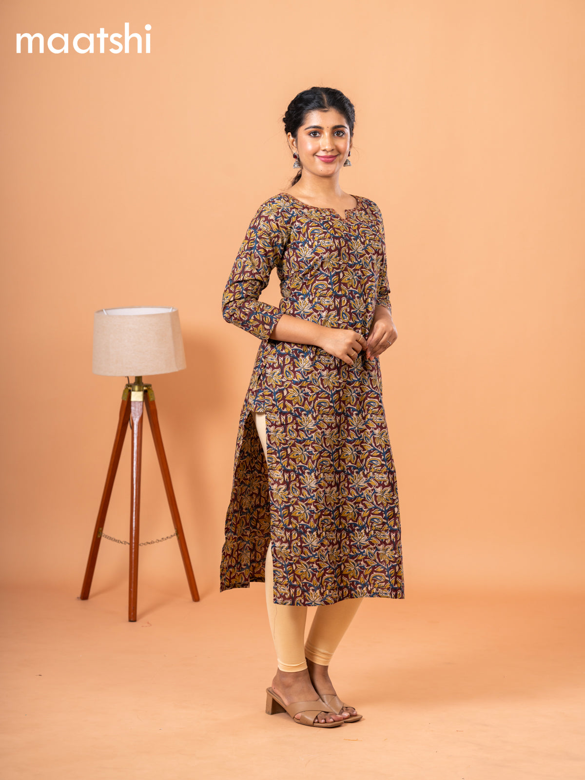 Cotton readymade kurti deep maroon and beige with kalamkari prints & kantha stitch sequin work neck pattern without bottom