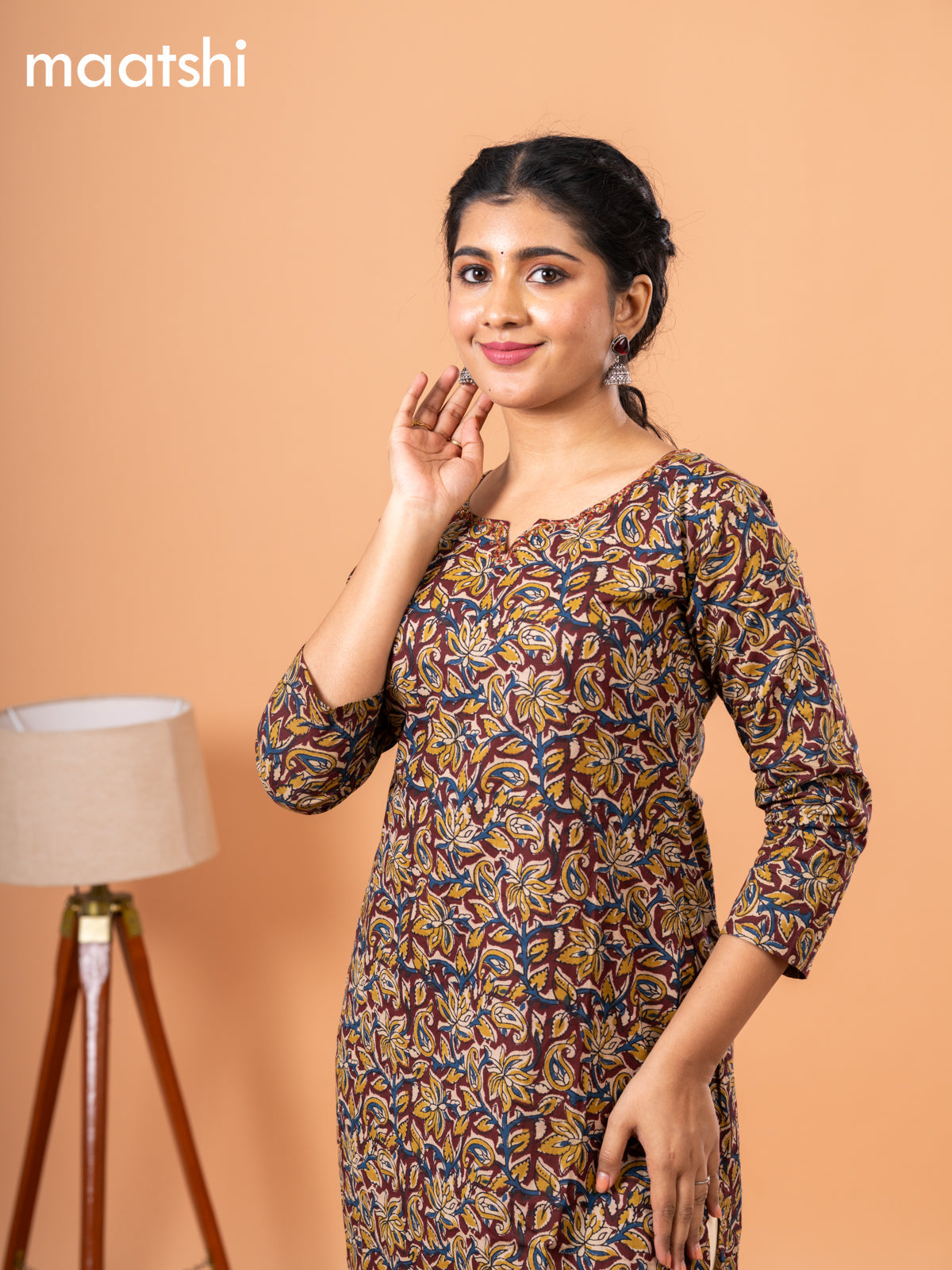 Cotton readymade kurti deep maroon and beige with kalamkari prints & kantha stitch sequin work neck pattern without bottom