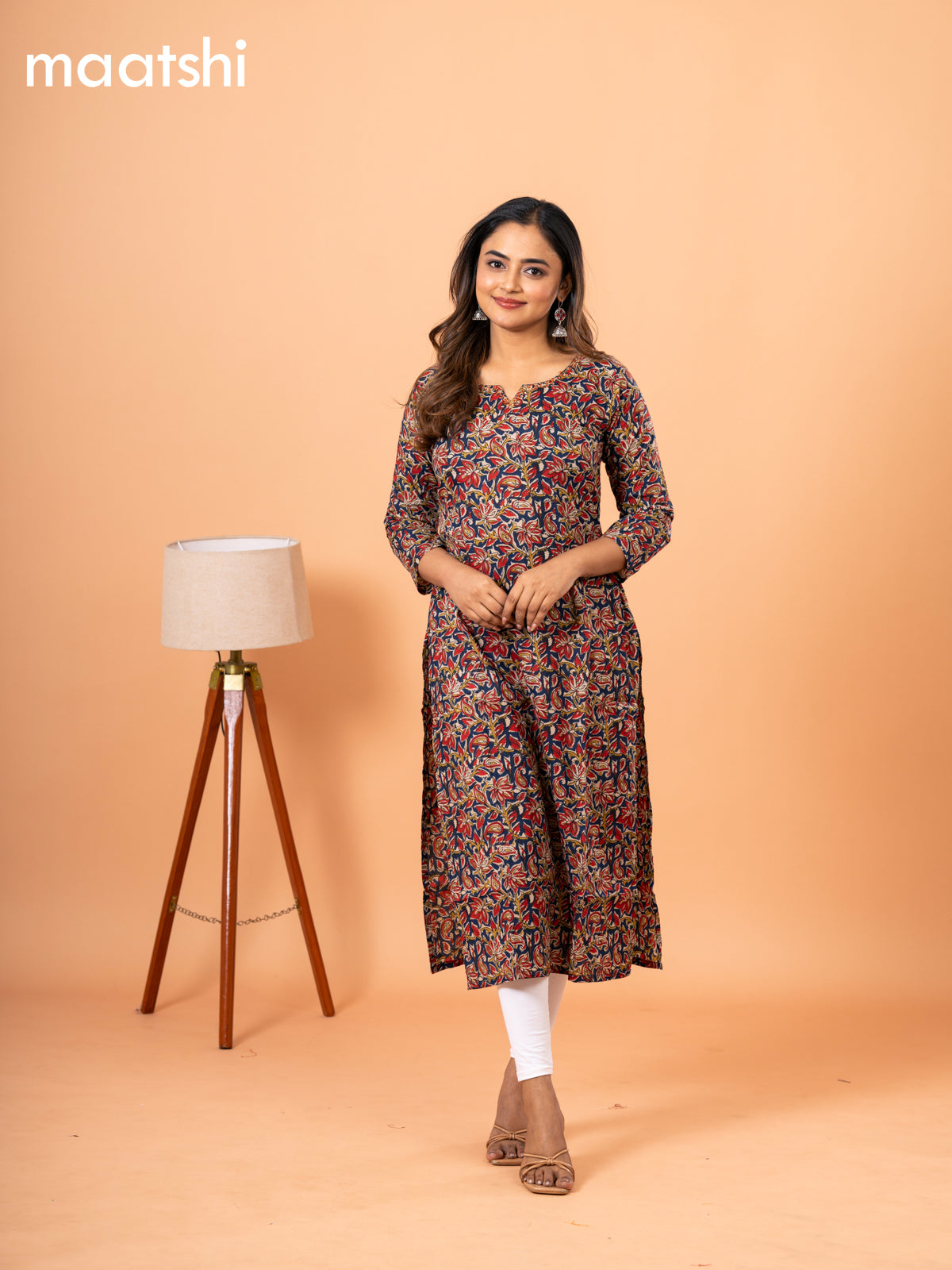 Cotton readymade kurti blue and beige with kalamkari prints & kantha stitch sequin work neck pattern without bottom