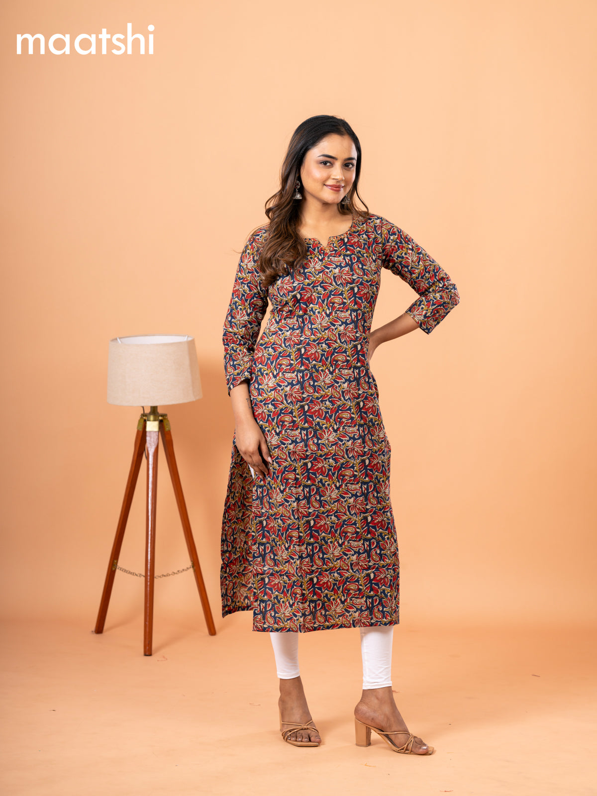 Cotton readymade kurti blue and beige with kalamkari prints & kantha stitch sequin work neck pattern without bottom