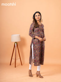 Cotton readymade kurti blue and beige with kalamkari prints & kantha stitch sequin work neck pattern without bottom