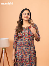 Cotton readymade kurti blue and beige with kalamkari prints & kantha stitch sequin work neck pattern without bottom