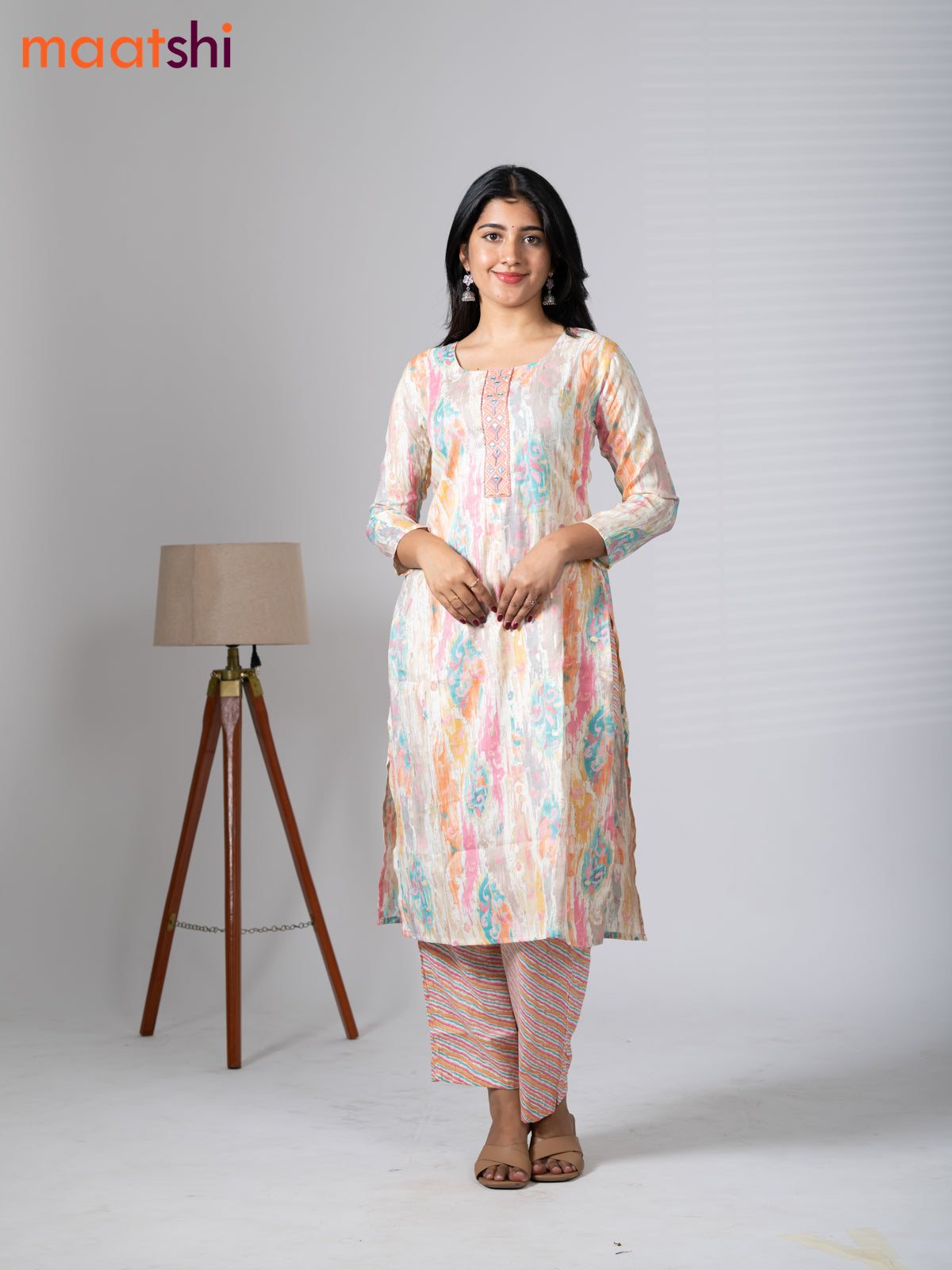 Rayon cotton readymade kurti set cream and multi colour with allover prints & embroidery mirror work neck pattern and straight cut pant