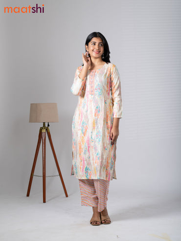 Rayon cotton readymade kurti set cream and multi colour with allover prints & embroidery mirror work neck pattern and straight cut pant