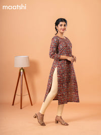 Cotton readymade kurti maroon and beige with kalamkari prints & kantha stitch sequin work neck pattern without bottom