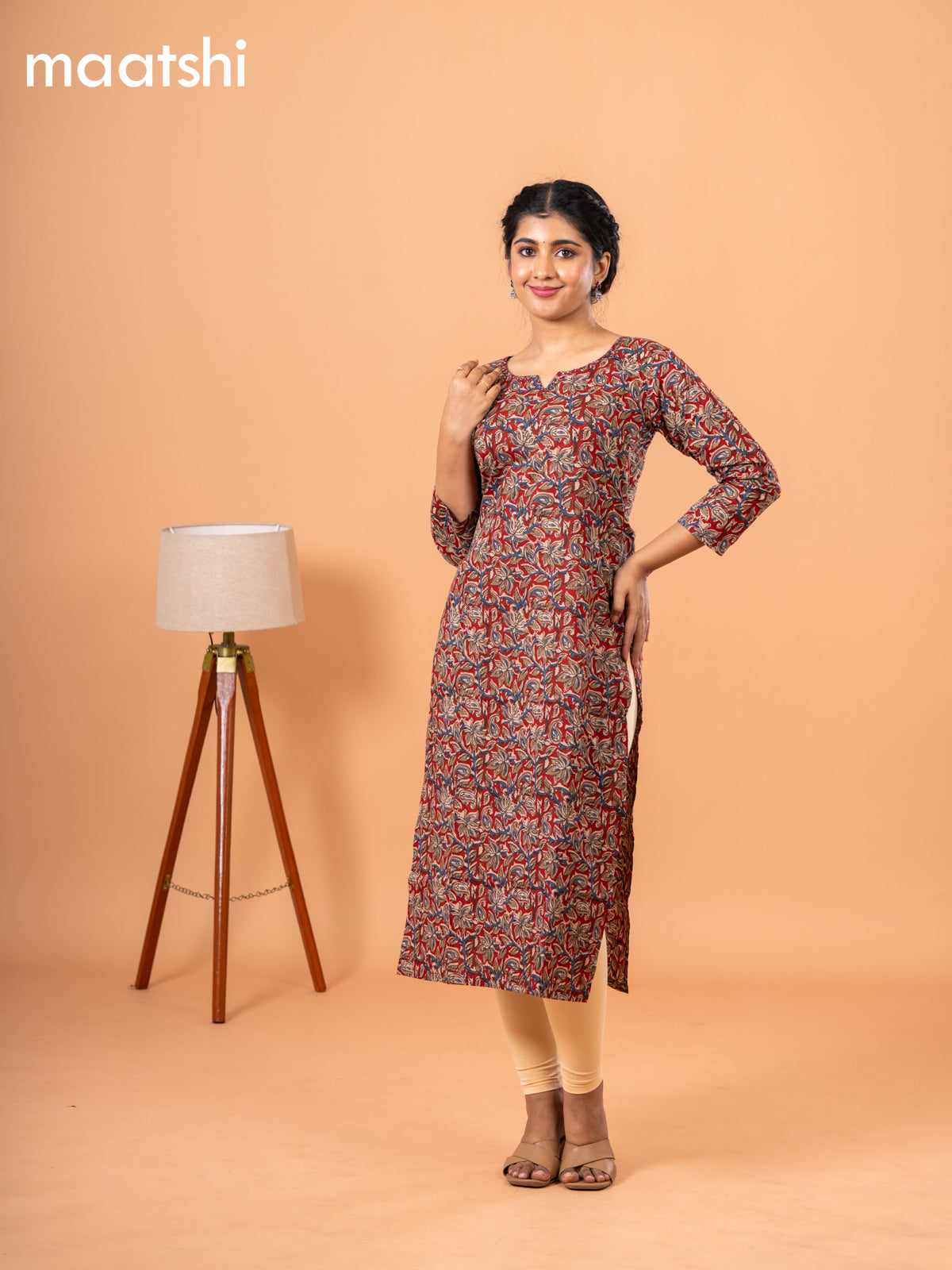 Cotton readymade kurti maroon and beige with kalamkari prints & kantha stitch sequin work neck pattern without bottom