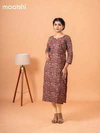 Cotton readymade kurti maroon and beige with kalamkari prints & kantha stitch sequin work neck pattern without bottom